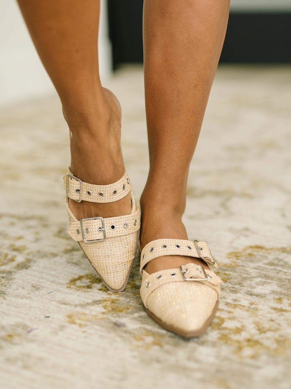 Soda Cream Woven Pointed-Toe Buckle Mules